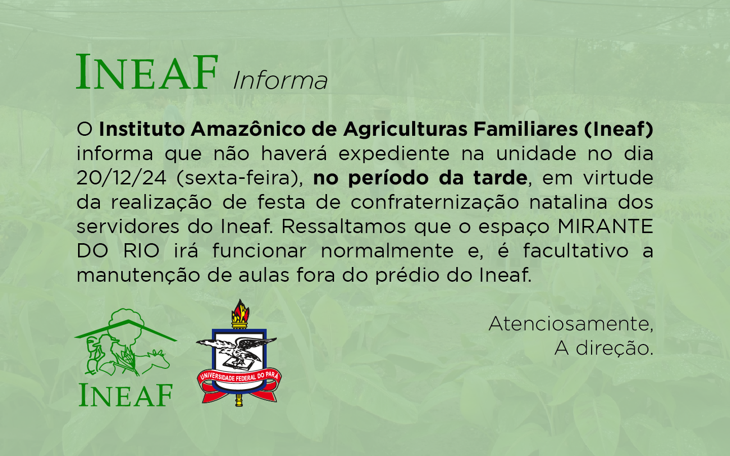 Ineaf | Aviso sobre expediente no dia 20/12/2024