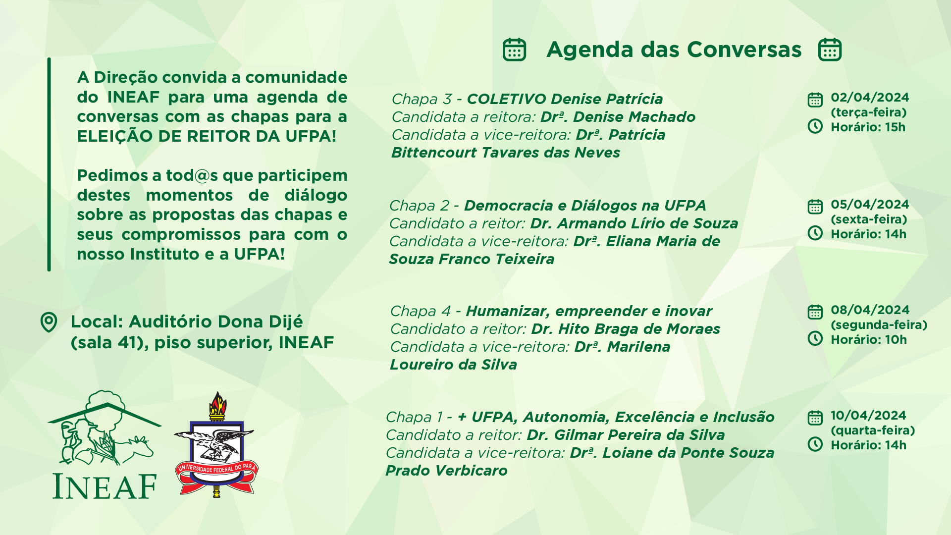 Agenda de conversas com chapas para a ELEIÇÃO DE REITOR DA UFPA